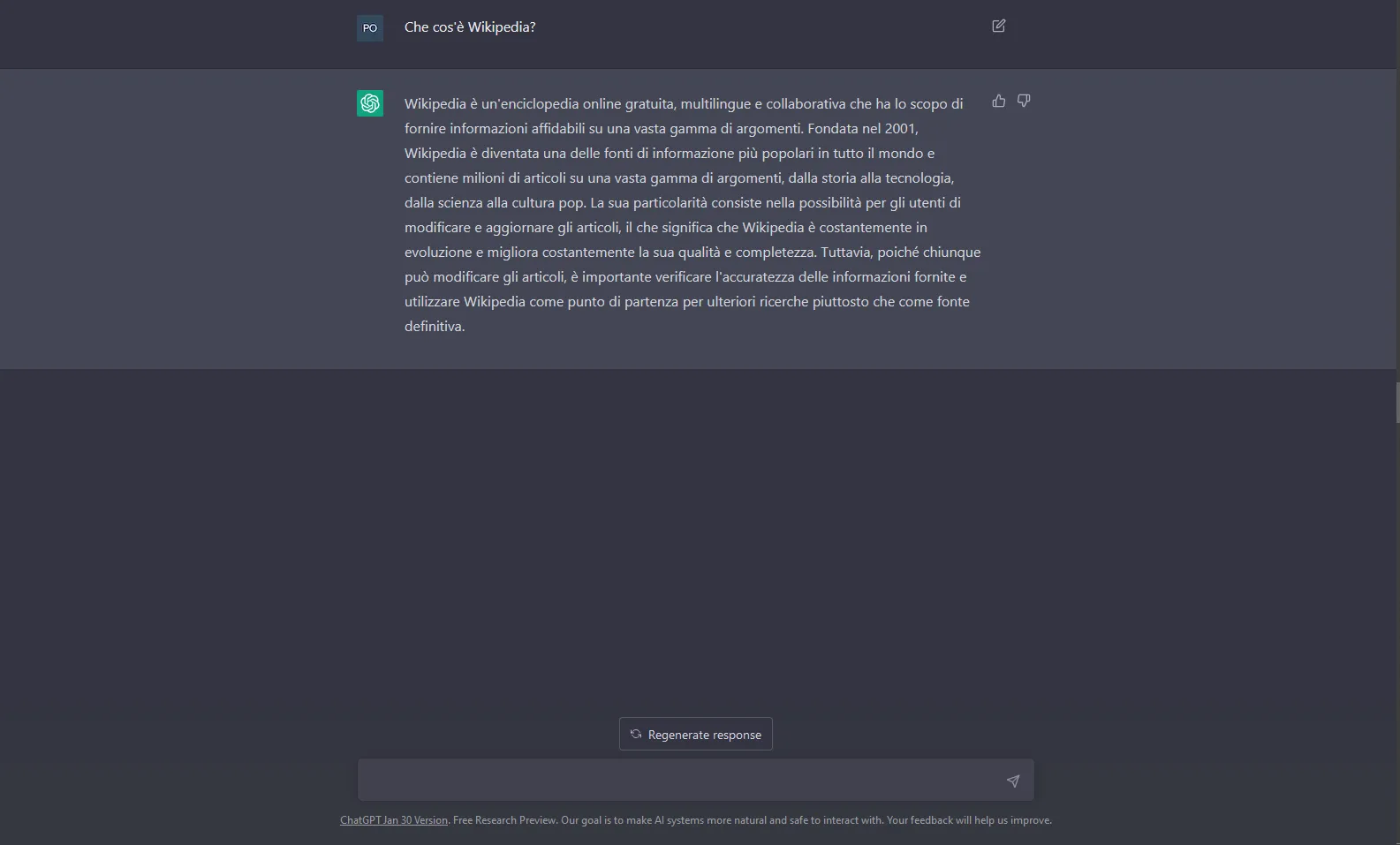A screenshot of an early ChatGPT conversation showing a plain text answer in a dark interface